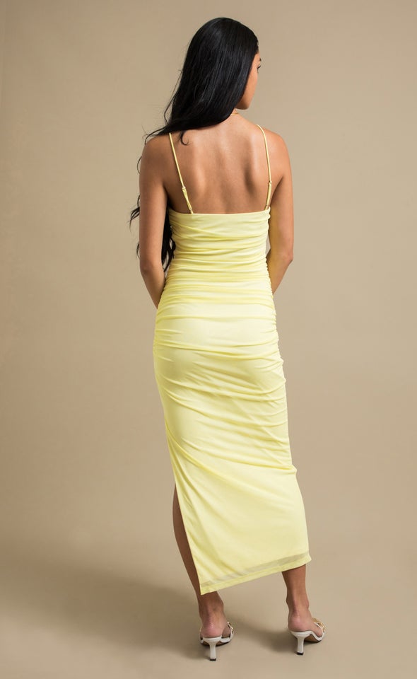 Mesh Strappy Ruched Slip Gown Yellow