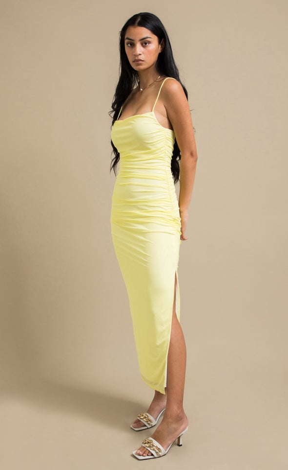 Mesh Strappy Ruched Slip Gown Yellow