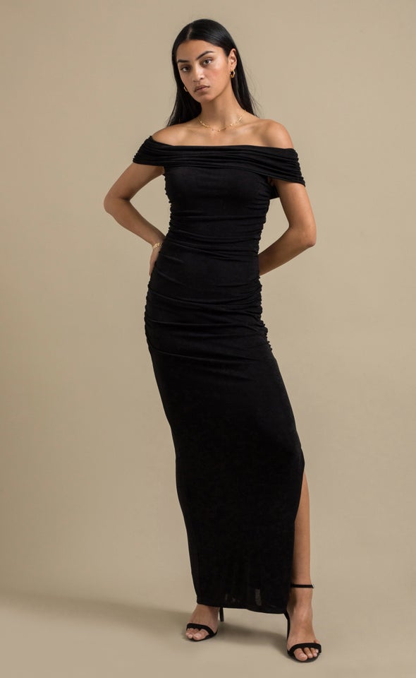 Metallic Jersey Bardot Gown Black