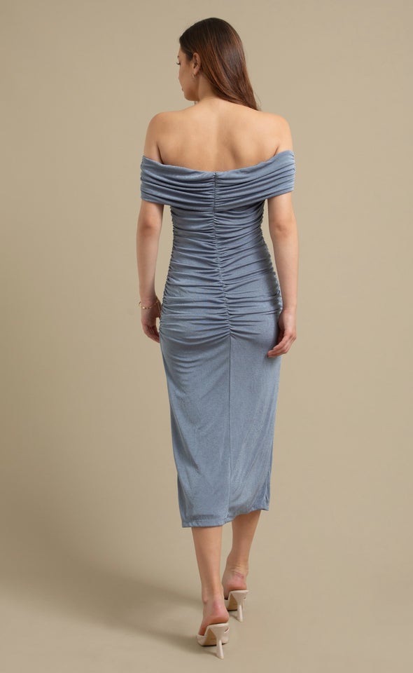 Metallic Jersey Bardot Midi Dress Soft Blue