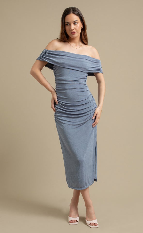 Metallic Jersey Bardot Midi Dress Soft Blue