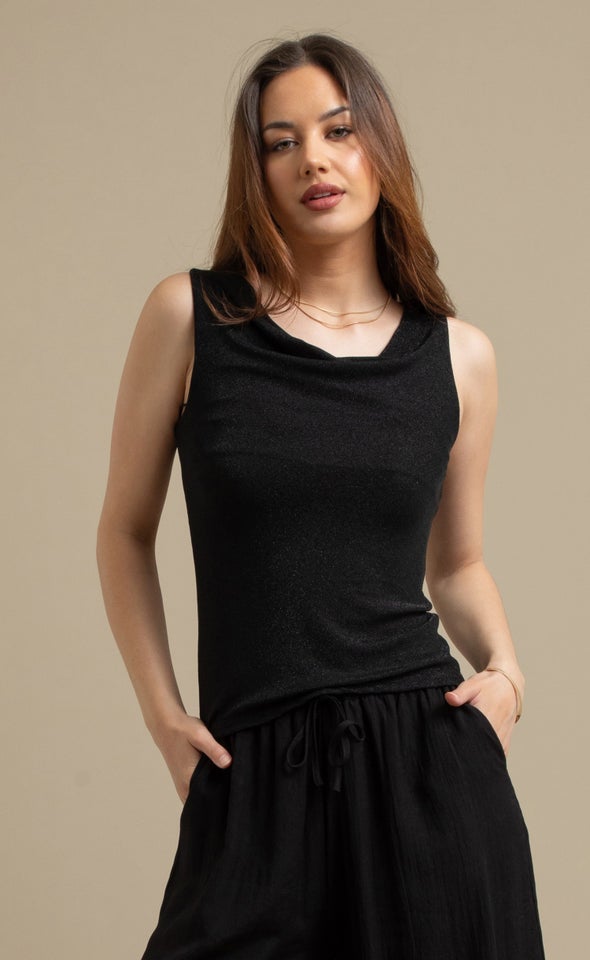 Metallic Jersey Cowl Top Black