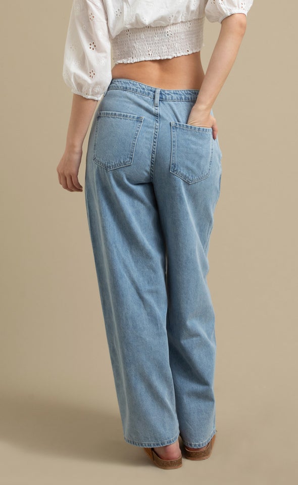 Mid Wash Wide Leg Angle Pocket Jeans Mid Blue