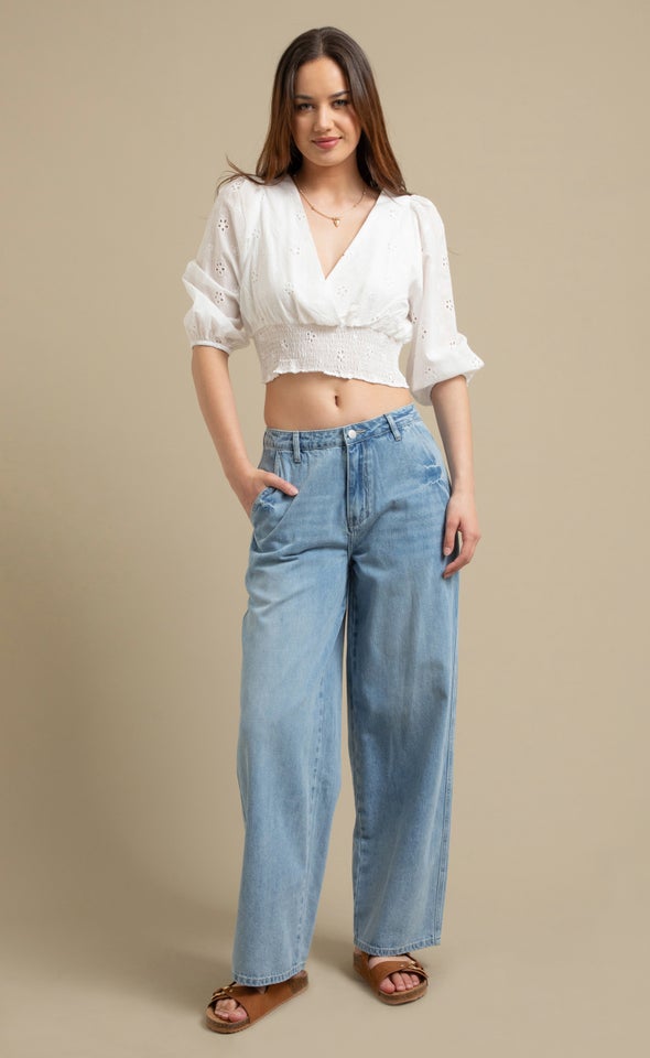 Mid Wash Wide Leg Angle Pocket Jeans Mid Blue