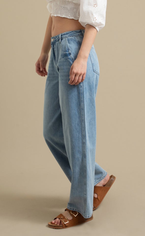 Mid Wash Wide Leg Angle Pocket Jeans Mid Blue