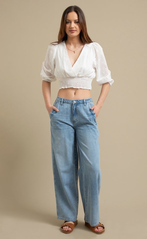 Mid Wash Wide Leg Angle Pocket Jeans Mid Blue