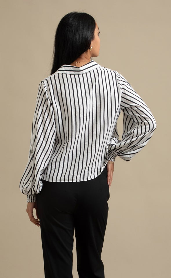 New Striped Shirred Cuff Shirt White/black