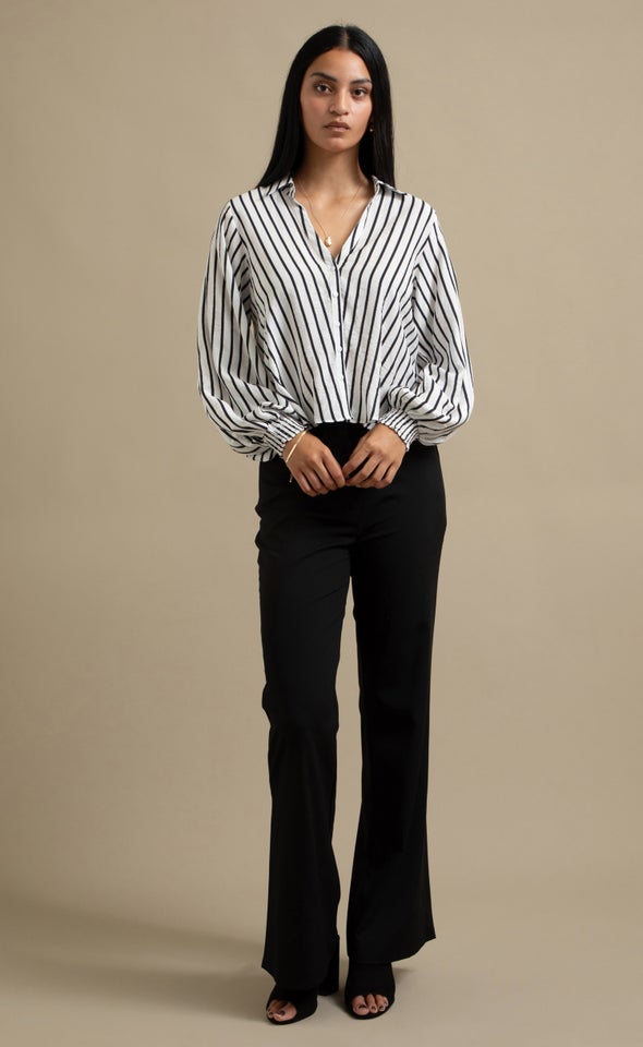 New Striped Shirred Cuff Shirt White/black