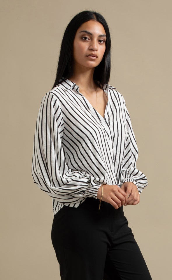 New Striped Shirred Cuff Shirt White/black