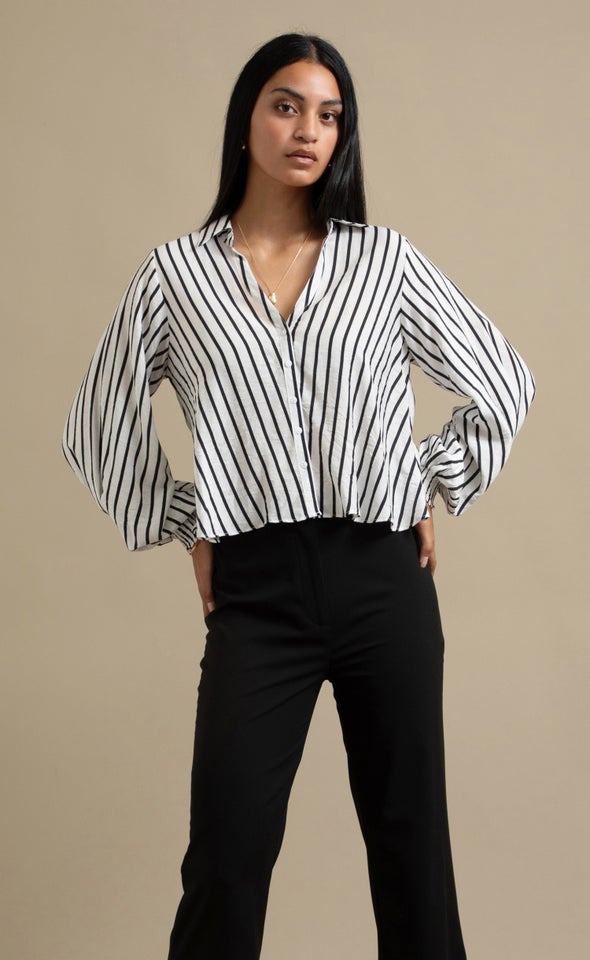 New Striped Shirred Cuff Shirt White/black