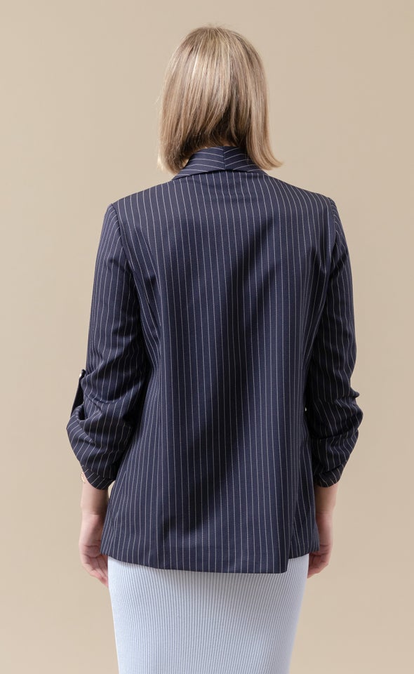 Pinstripe Button Sleeve Blazer Navy/white