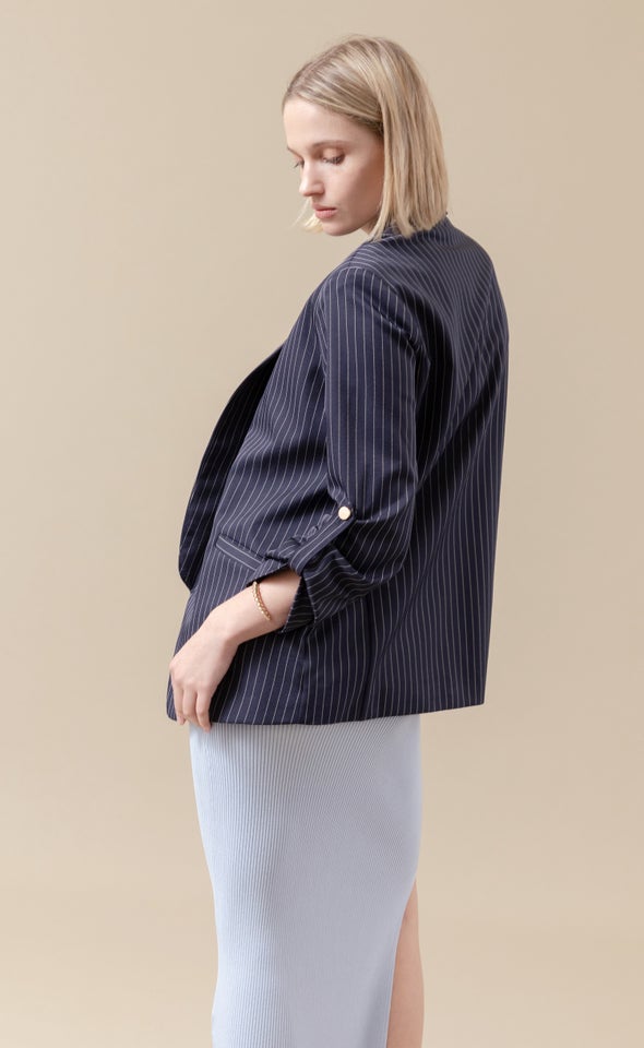 Pinstripe Button Sleeve Blazer Navy/white