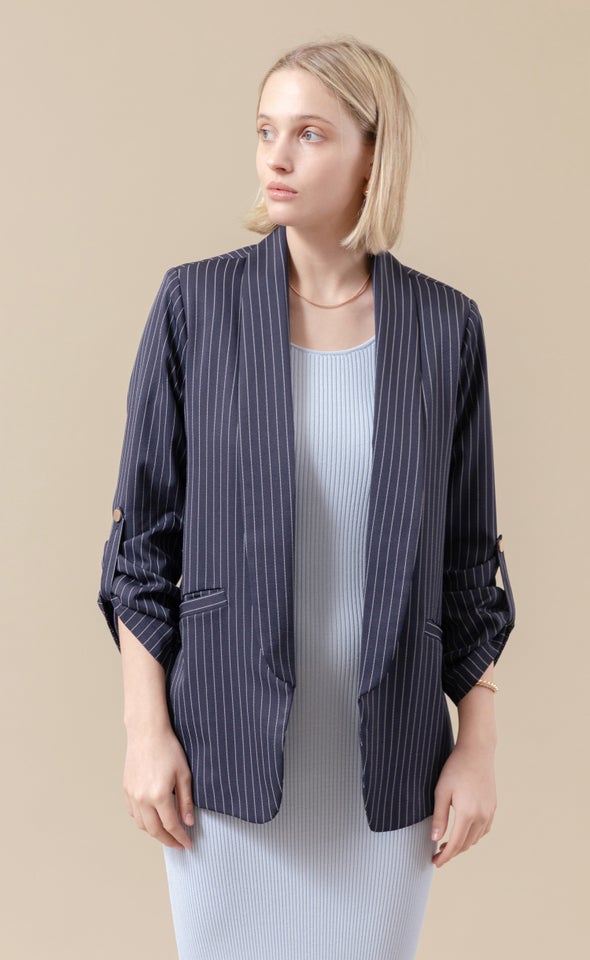 Pinstripe Button Sleeve Blazer Navy/white