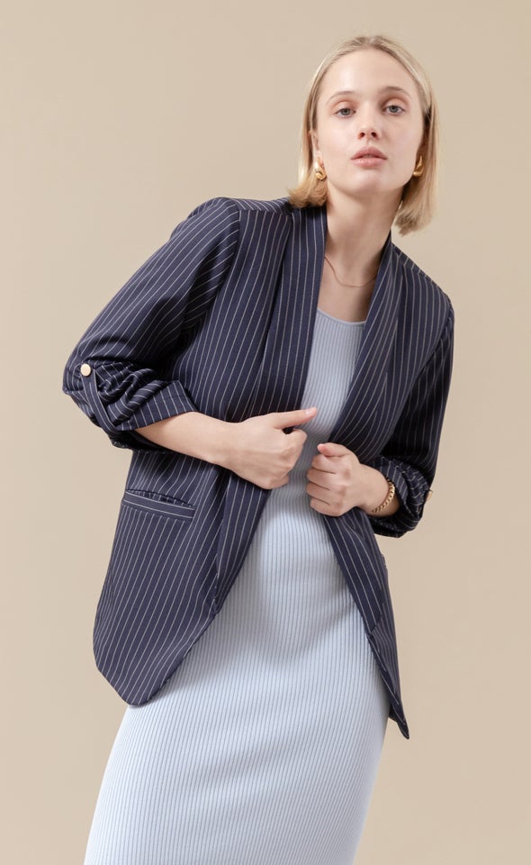 Pinstripe Button Sleeve Blazer Navy/white