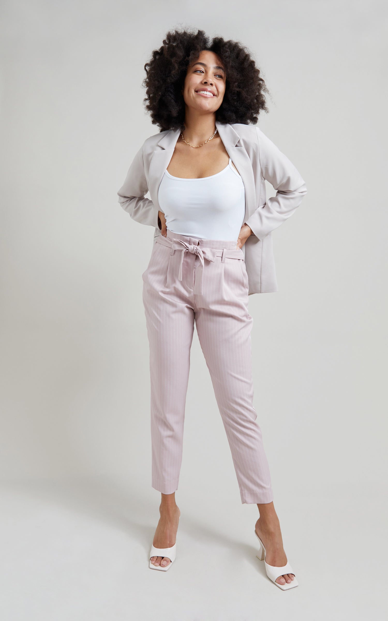 Pinstripe paperbag clearance trousers