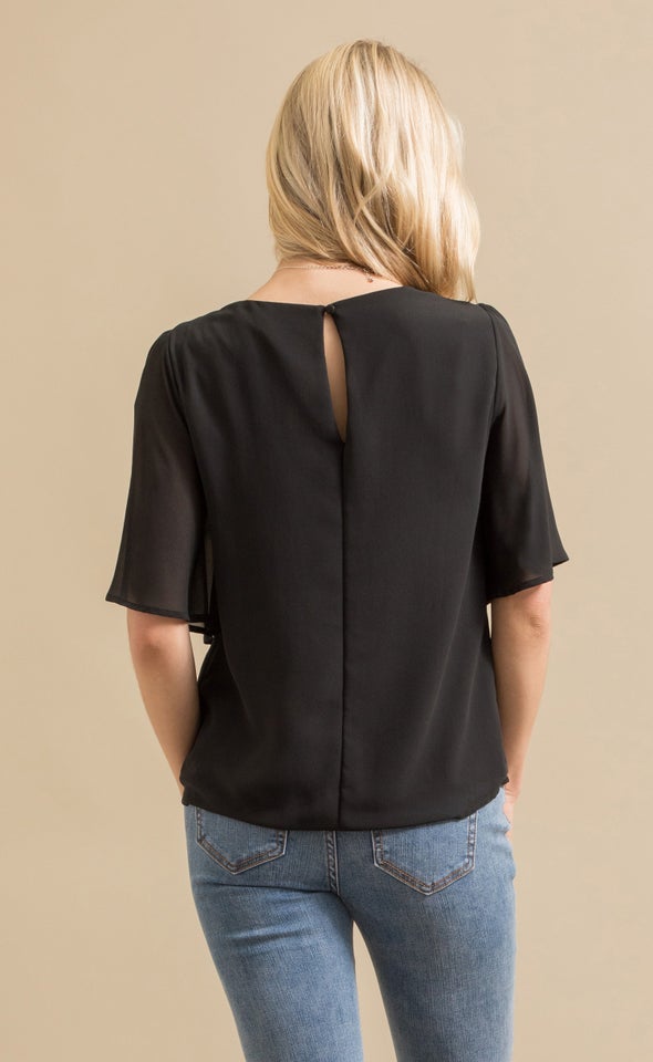 Plain Chiffon Flutter Top Black