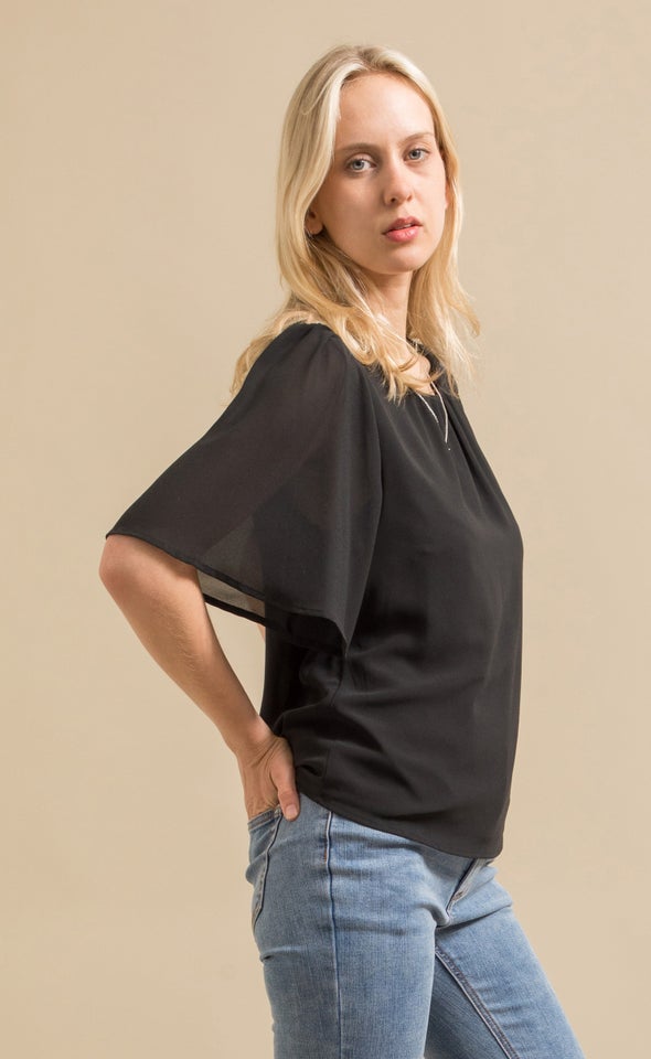 Plain Chiffon Flutter Top Black