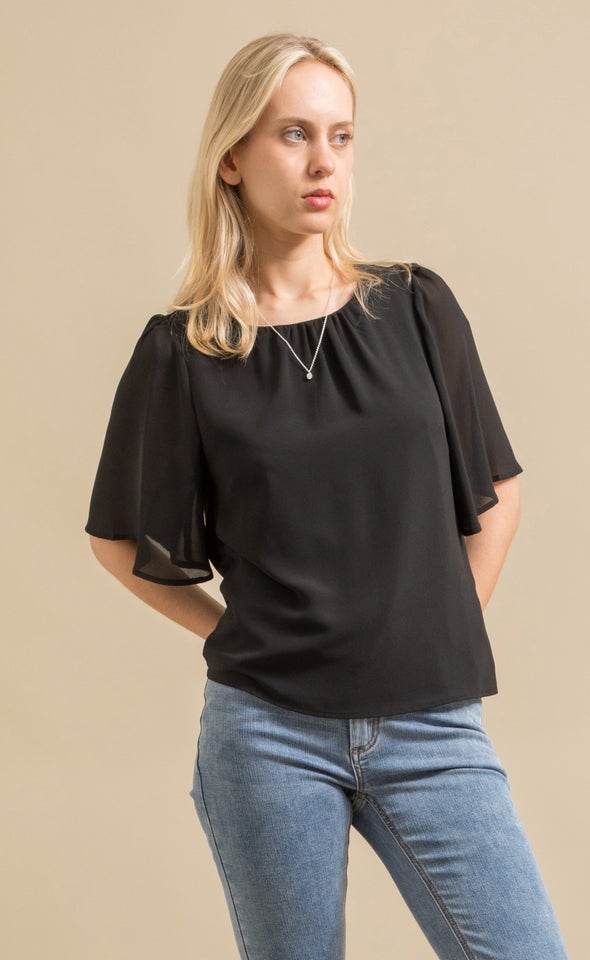 Plain Chiffon Flutter Top Black