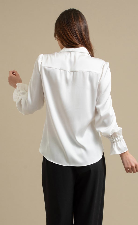 Plain Satin Gathered Sleeve Shirt White