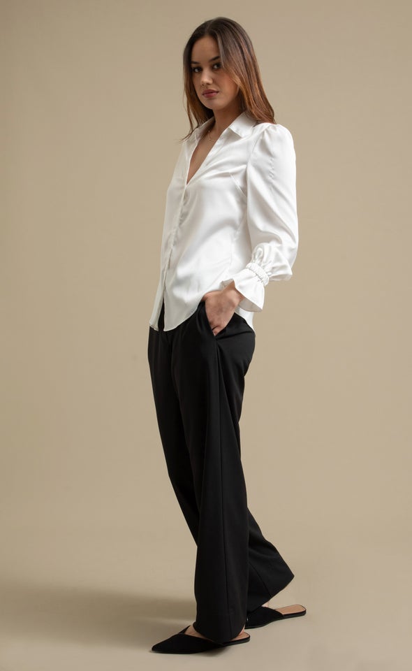 Plain Satin Gathered Sleeve Shirt White