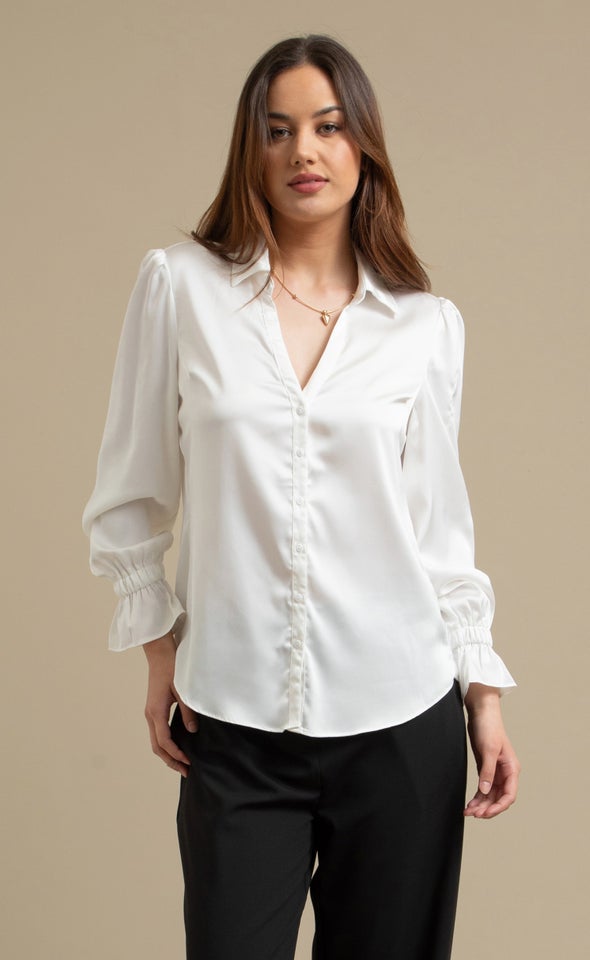 Plain Satin Gathered Sleeve Shirt White