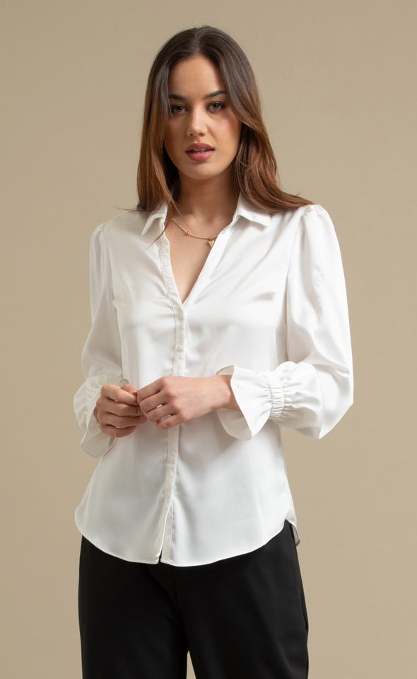 Plain Satin Gathered Sleeve Shirt White