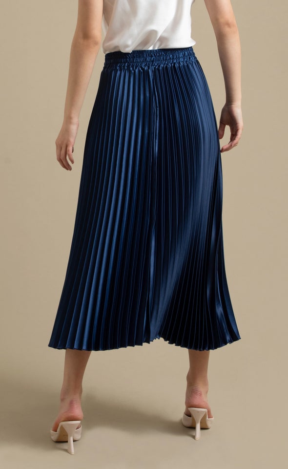 Pleated Satin Midi Skirt Navy