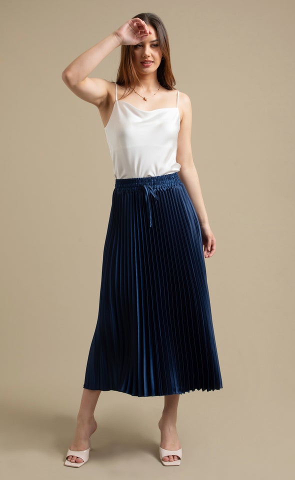 Pleated Satin Midi Skirt Navy