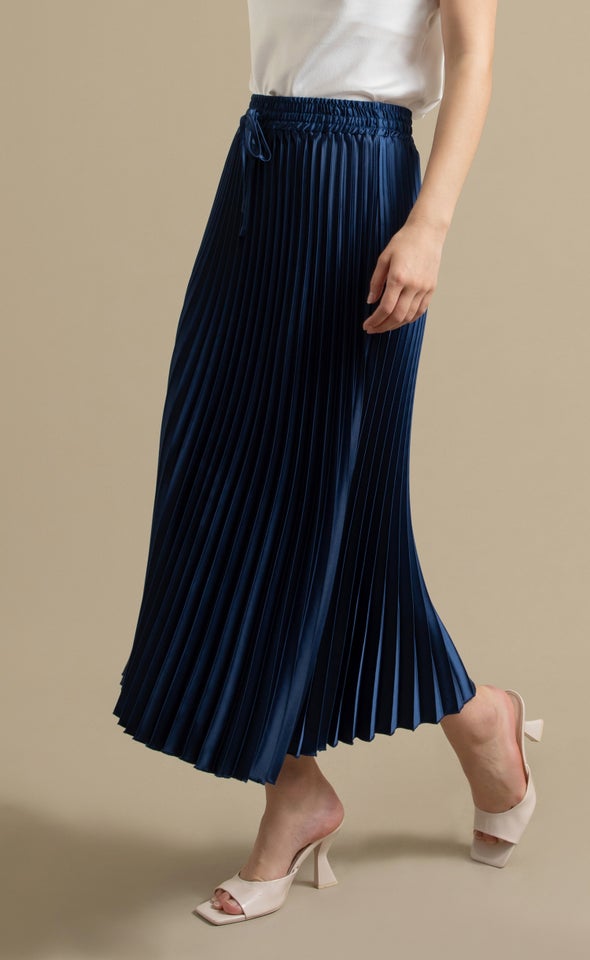 Pleated Satin Midi Skirt Navy