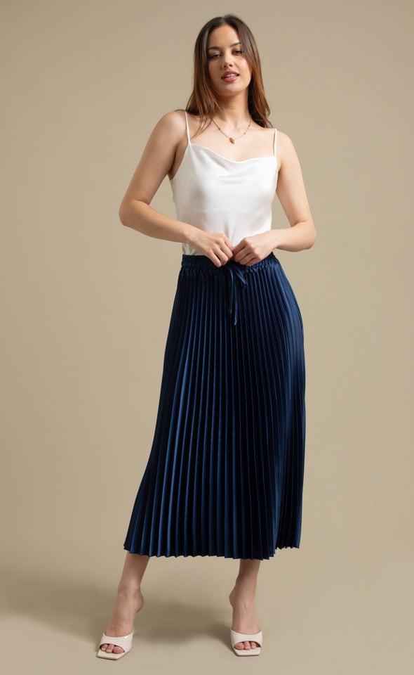 Pleated Satin Midi Skirt Navy