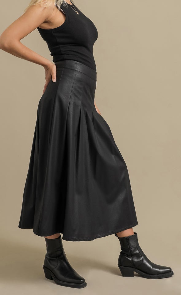 Pleated Vegan Leather Midi Skirt Black