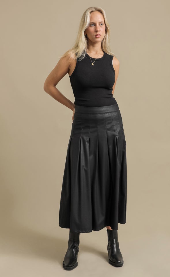 Pleated Vegan Leather Midi Skirt Black