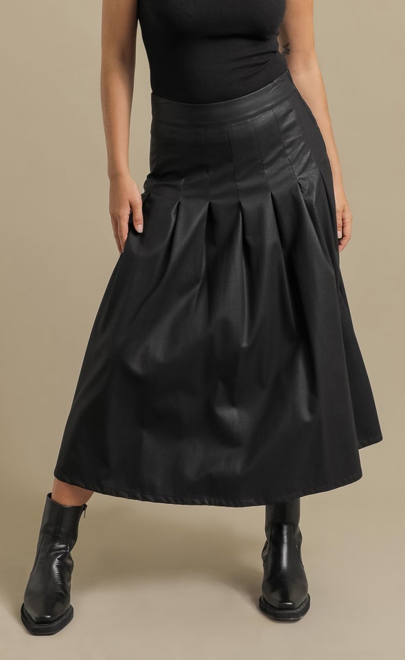 Pleated Vegan Leather Midi Skirt Black