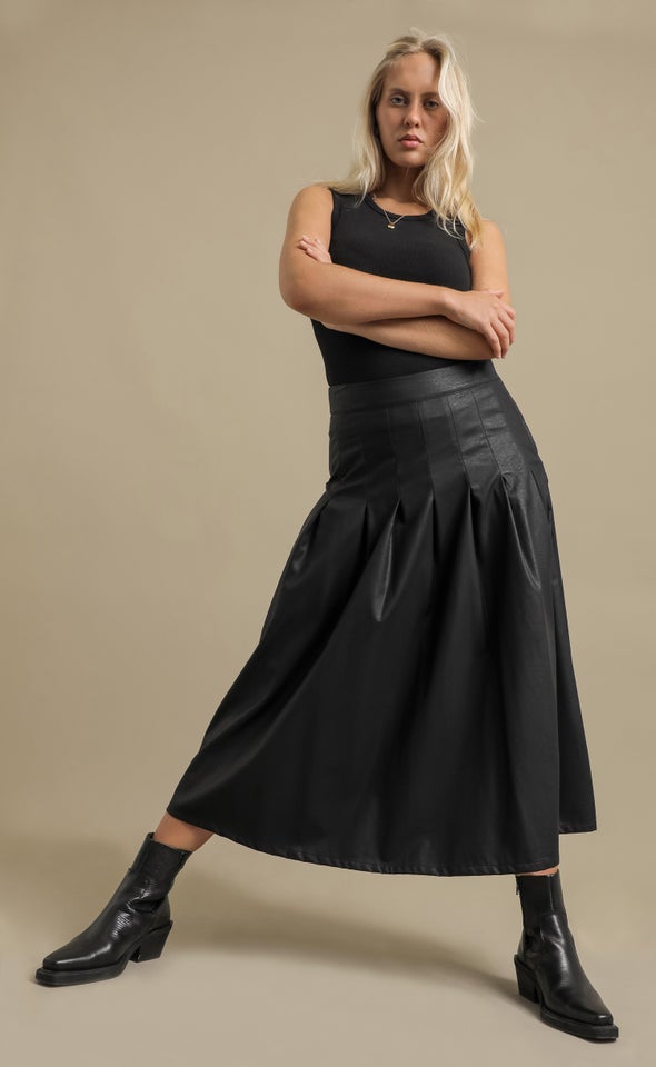 Pleated Vegan Leather Midi Skirt Black