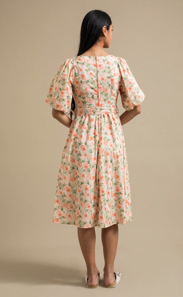 Poplin Puff Sleeve Belted Dress Peach/floral