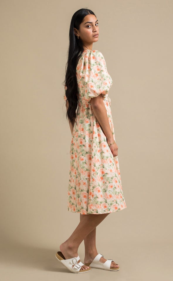 Poplin Puff Sleeve Belted Dress Peach/floral