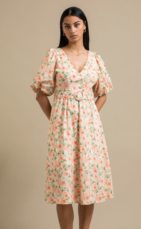 Poplin Puff Sleeve Belted Dress Peach/floral