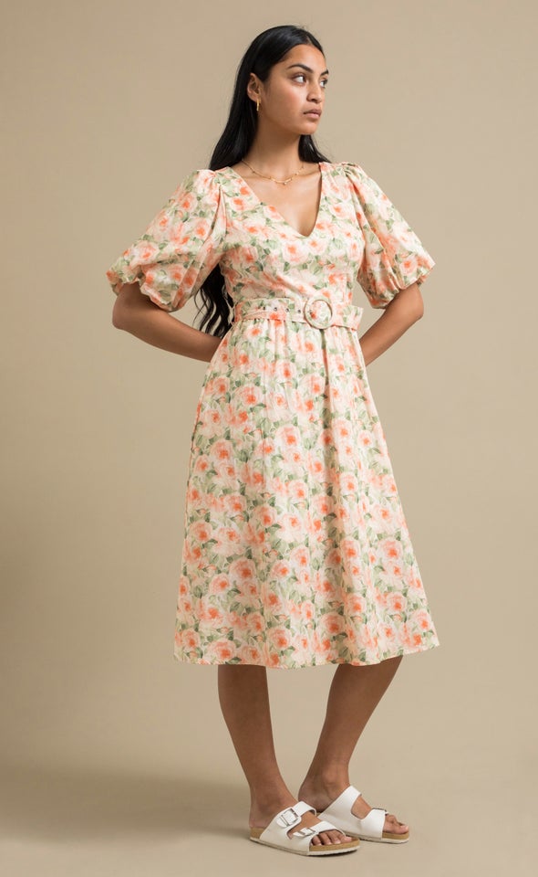 Poplin Puff Sleeve Belted Dress Peach/floral