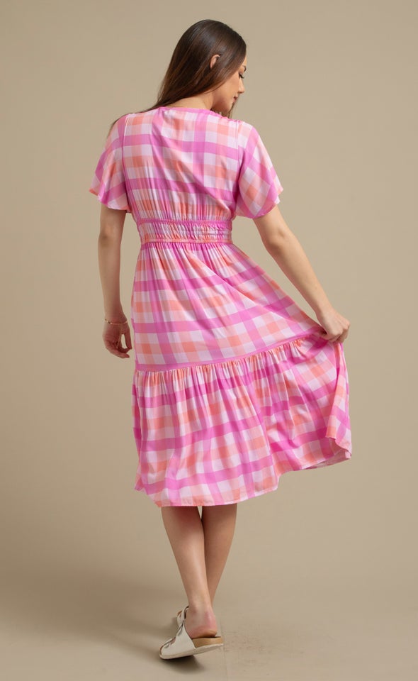 Poplin Flutter Sleeve Midi Dress Pink/gingham