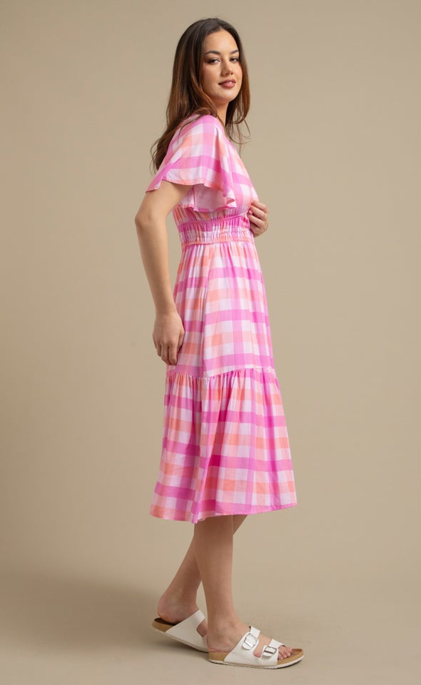 Poplin Flutter Sleeve Midi Dress Pink/gingham