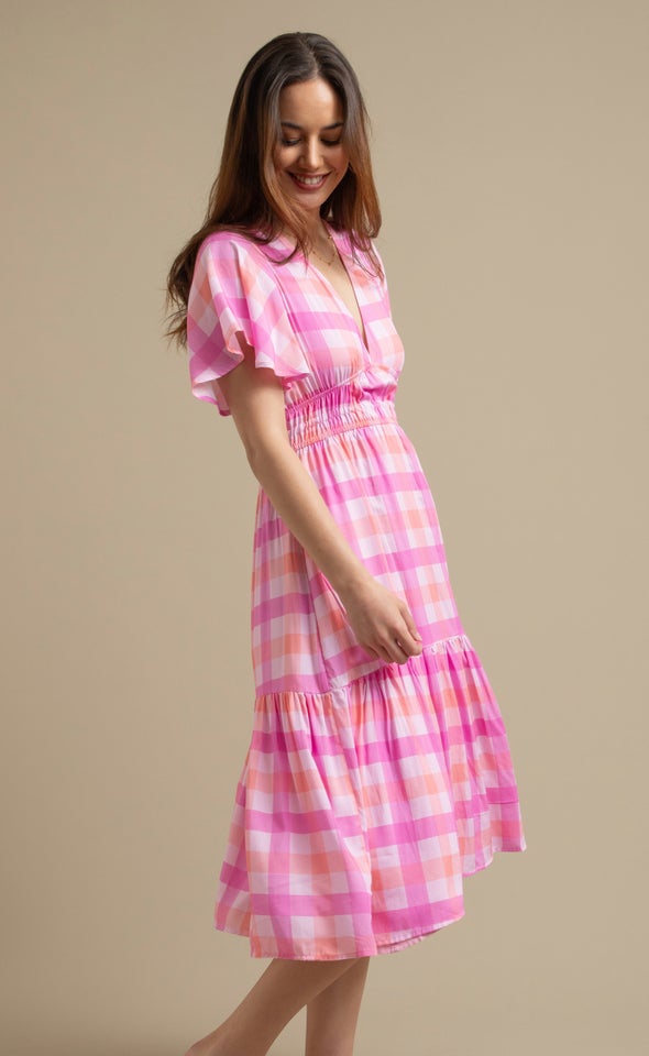 Poplin Flutter Sleeve Midi Dress Pink/gingham