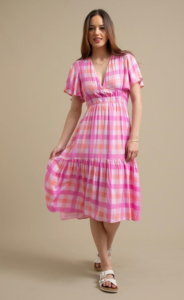 Poplin Flutter Sleeve Midi Dress Pink/gingham