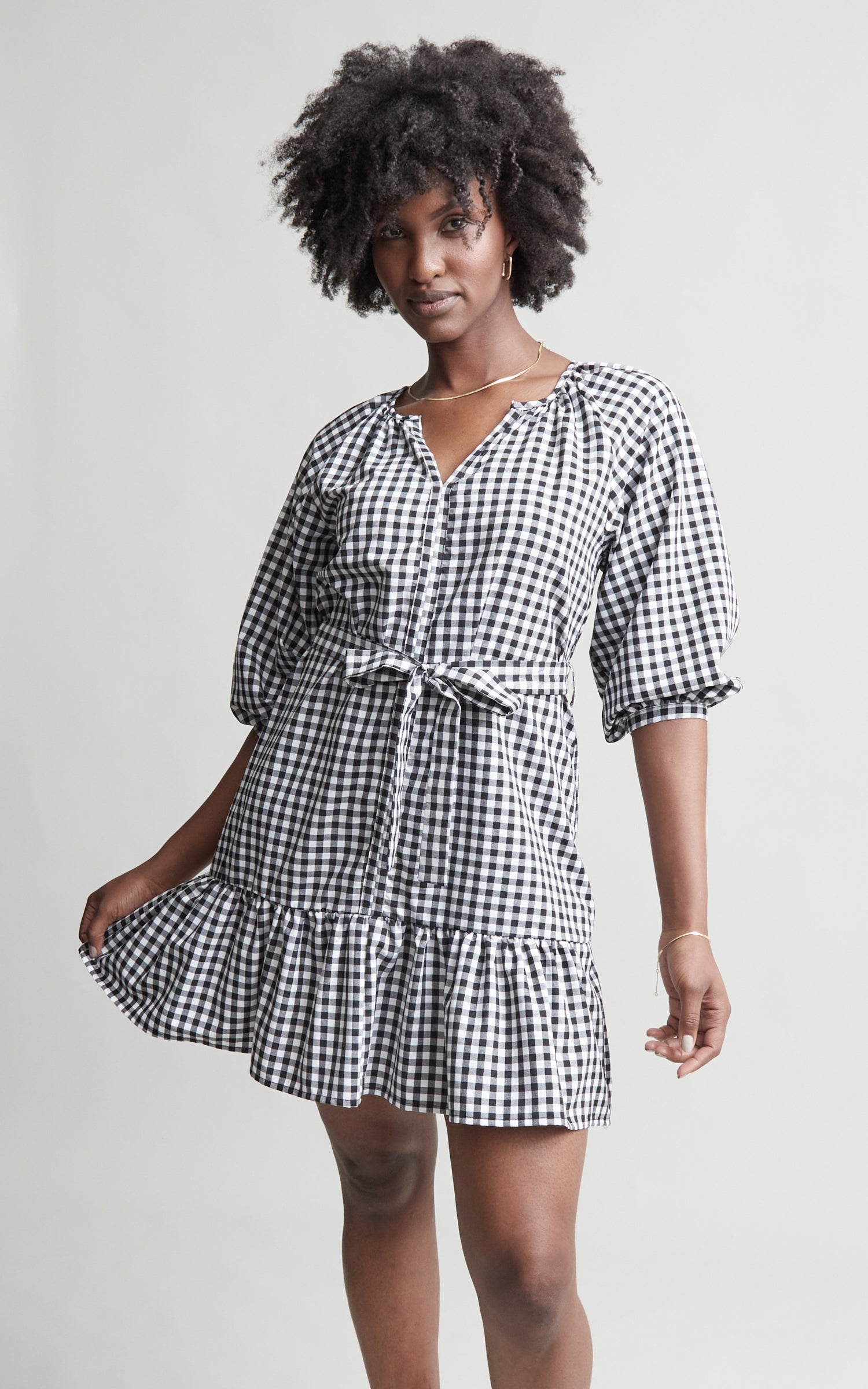 Poplin Gingham Frill Shirt Dress | Pagani