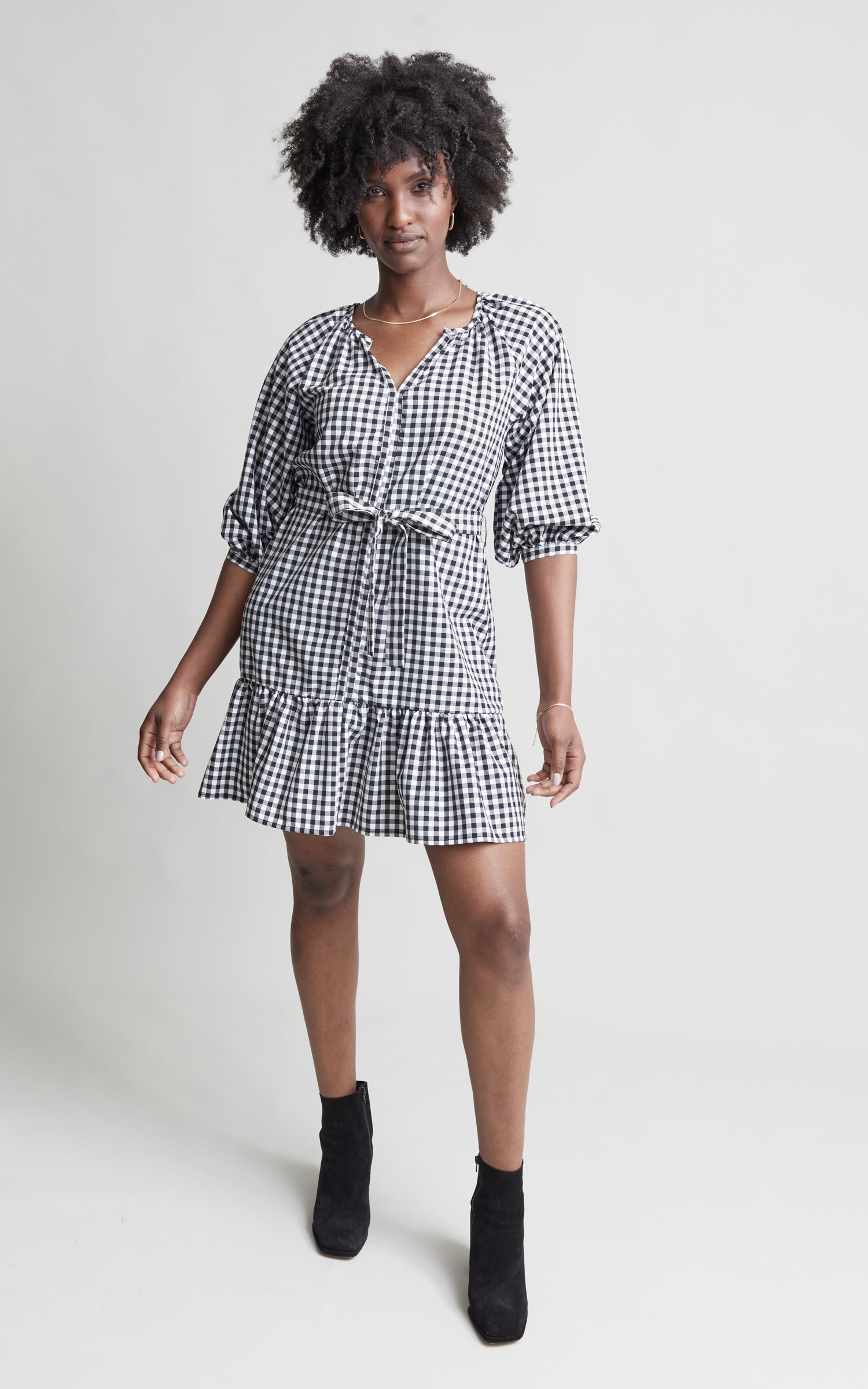 Poplin Gingham Frill Shirt Dress