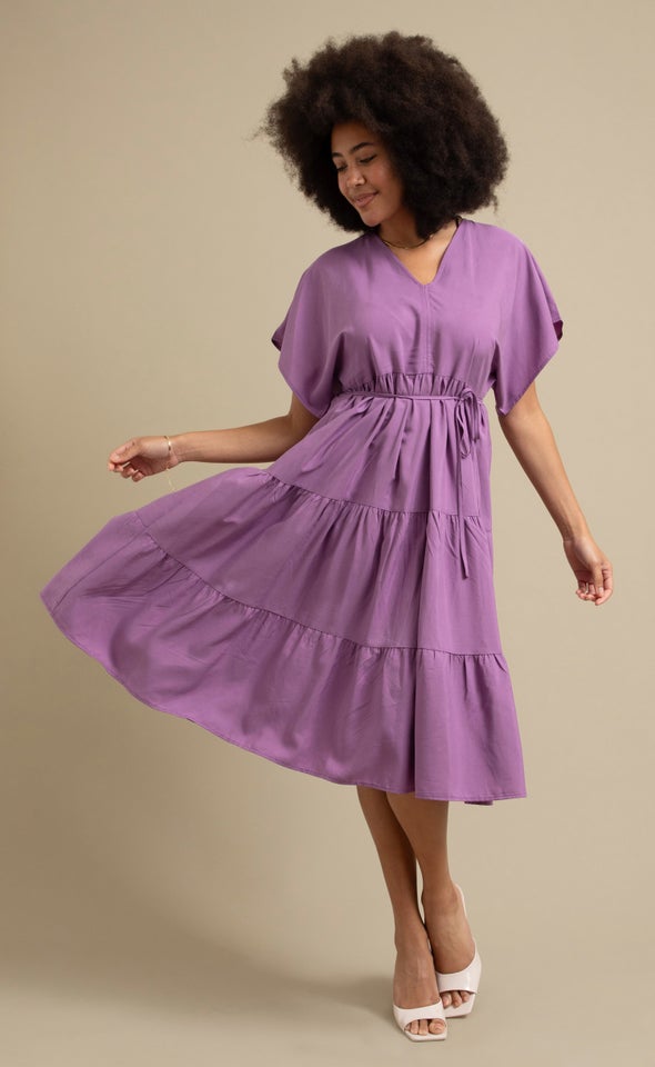 Poplin Panelled Batwing Midi Dress Grape