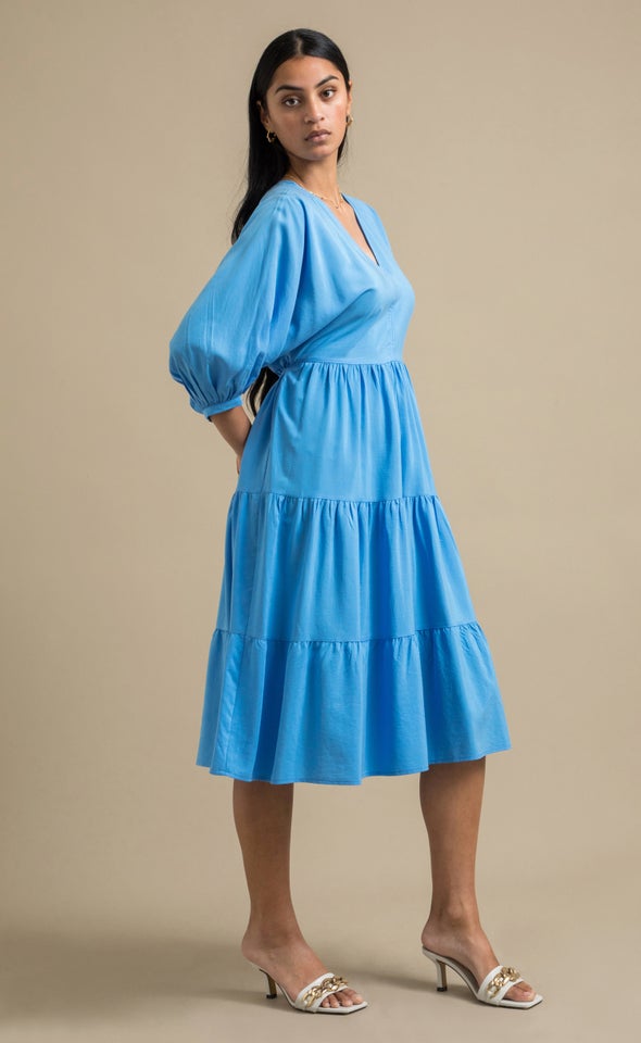 Poplin Panelled Midi Dress Cornflower Blue