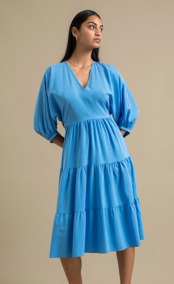 Poplin Panelled Midi Dress Cornflower Blue