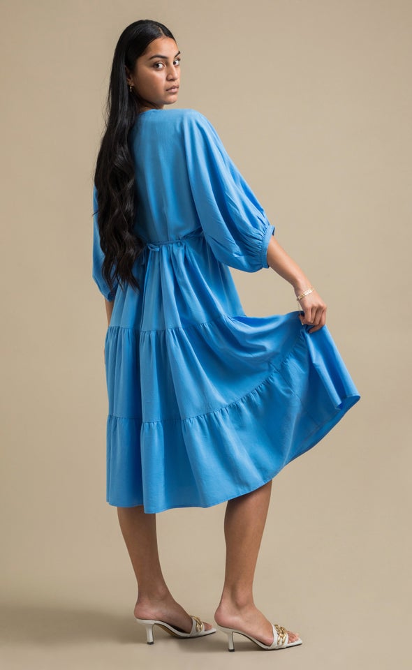 Poplin Panelled Midi Dress Cornflower Blue