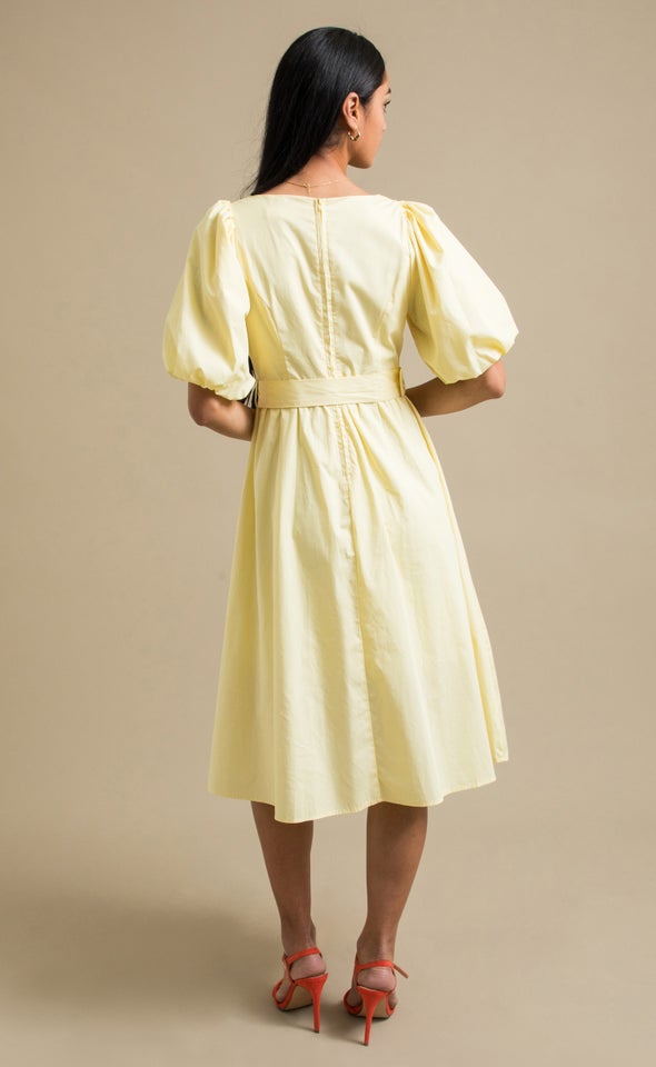 Poplin Puff Sleeve Belted Dress Lemon