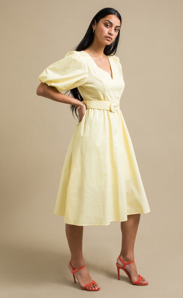 Poplin Puff Sleeve Belted Dress Lemon